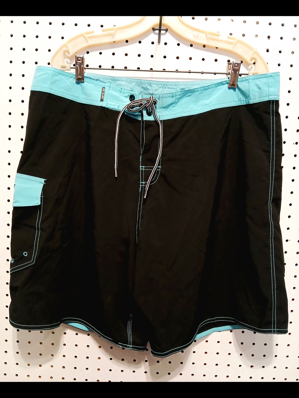 Men's Black and Aqua Board Shorts with Drawstring Waist